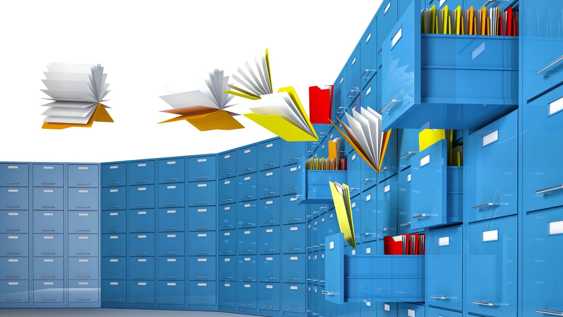 Archivos y libros volando entre archivadores azules, simbolizando organización y gestión eficiente de la información de marcas